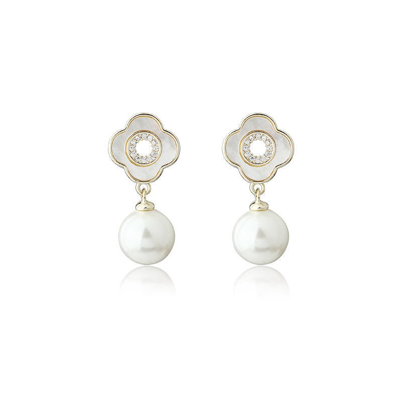 Gold-Tone Clover Shell & Shell Pearl Drop Earrings