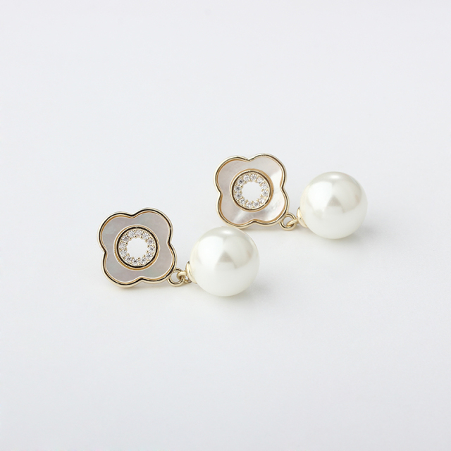Gold-Tone Clover Shell & Shell Pearl Drop Earrings