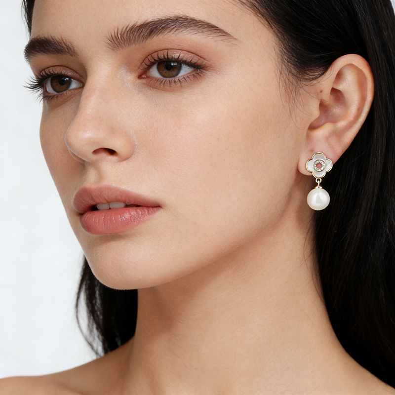 Gold-Tone Clover Shell & Shell Pearl Drop Earrings