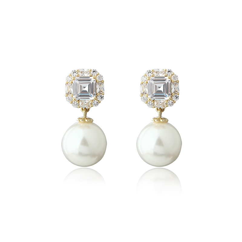 Gold-Tone Emerald Cut CZ Halo & Shell Pearl Drop Earrings