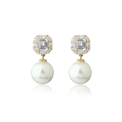 Gold-Tone Emerald Cut CZ Halo & Shell Pearl Drop Earrings