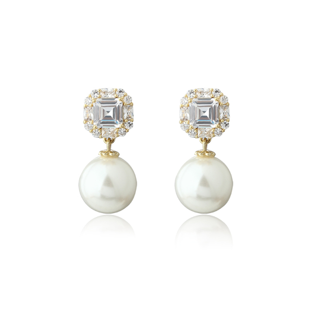 Gold-Tone Emerald Cut CZ Halo & Shell Pearl Drop Earrings