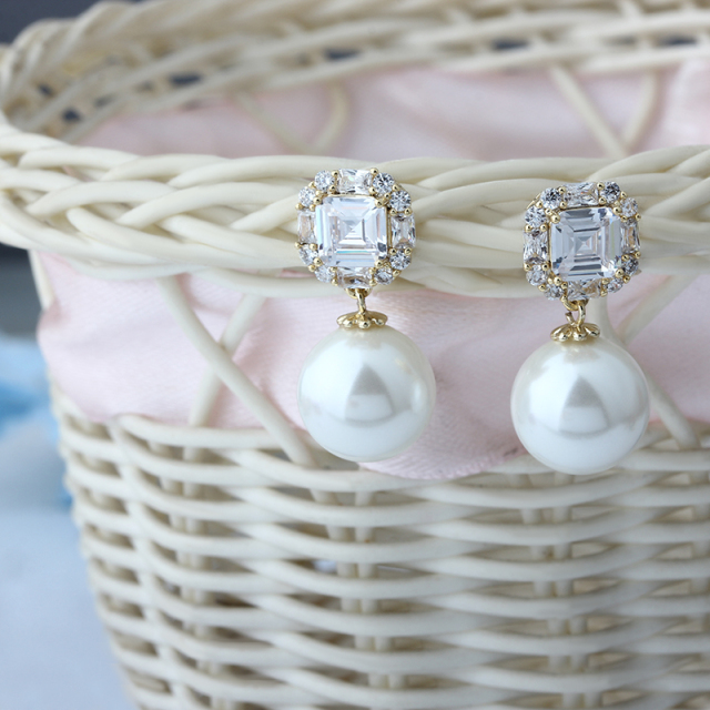 Gold-Tone Emerald Cut CZ Halo & Shell Pearl Drop Earrings