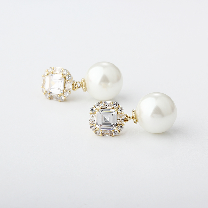 Gold-Tone Emerald Cut CZ Halo & Shell Pearl Drop Earrings