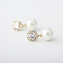 Gold-Tone Emerald Cut CZ Halo & Shell Pearl Drop Earrings