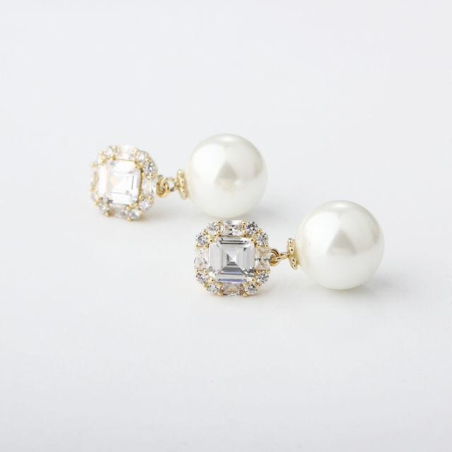 Gold-Tone Emerald Cut CZ Halo & Shell Pearl Drop Earrings