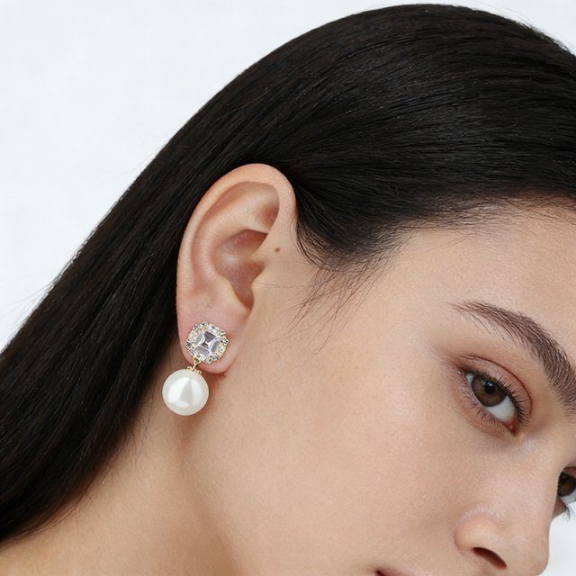 Gold-Tone Emerald Cut CZ Halo & Shell Pearl Drop Earrings