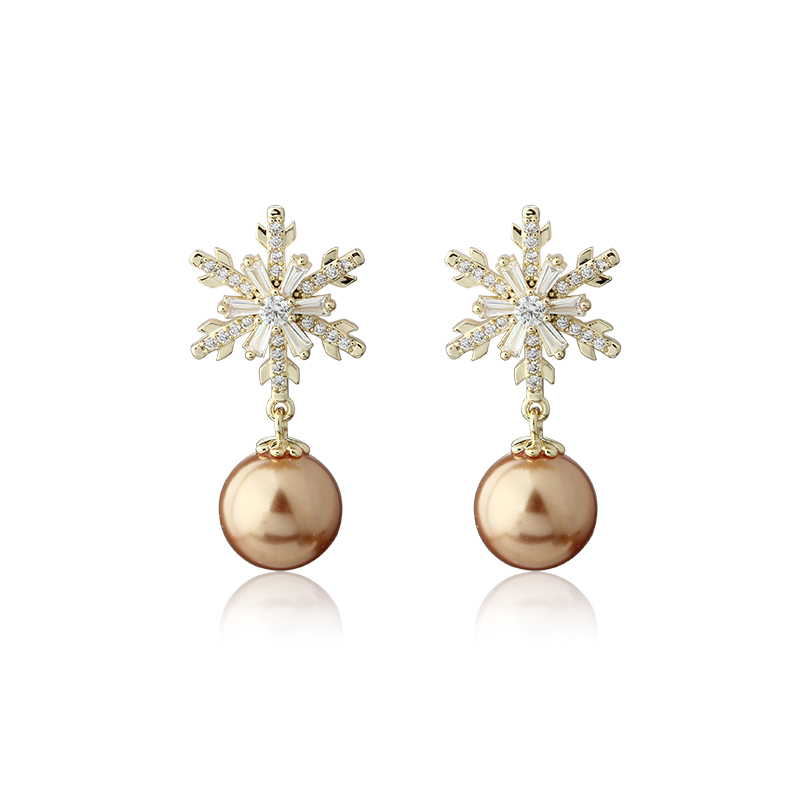Gold-Tone Snowflake CZ & Champagne Pearl Drop Earrings