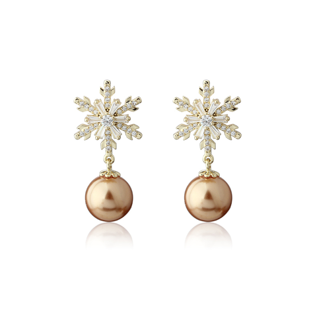 Gold-Tone Snowflake CZ & Champagne Pearl Drop Earrings