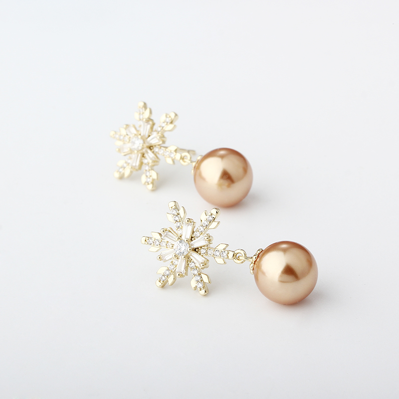 Gold-Tone Snowflake CZ & Champagne Pearl Drop Earrings