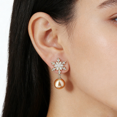Gold-Tone Snowflake CZ & Champagne Pearl Drop Earrings