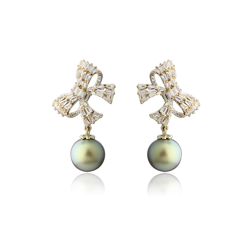 Gold-Tone Baguette CZ Bow & Black Shell Pearl Drop Earrings
