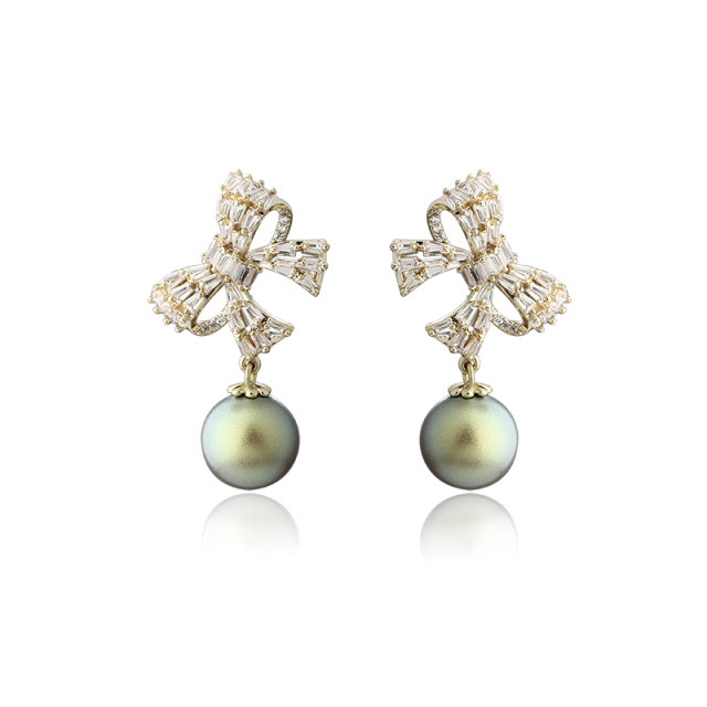 Gold-Tone Baguette CZ Bow & Black Shell Pearl Drop Earrings