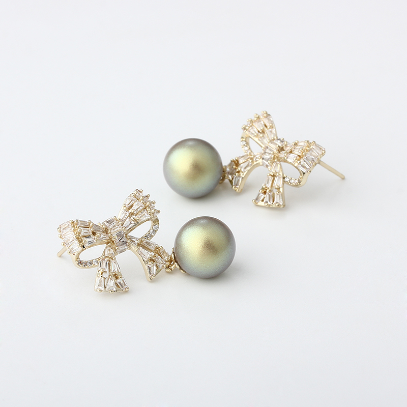 Gold-Tone Baguette CZ Bow & Black Shell Pearl Drop Earrings