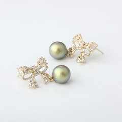 Gold-Tone Baguette CZ Bow & Black Shell Pearl Drop Earrings