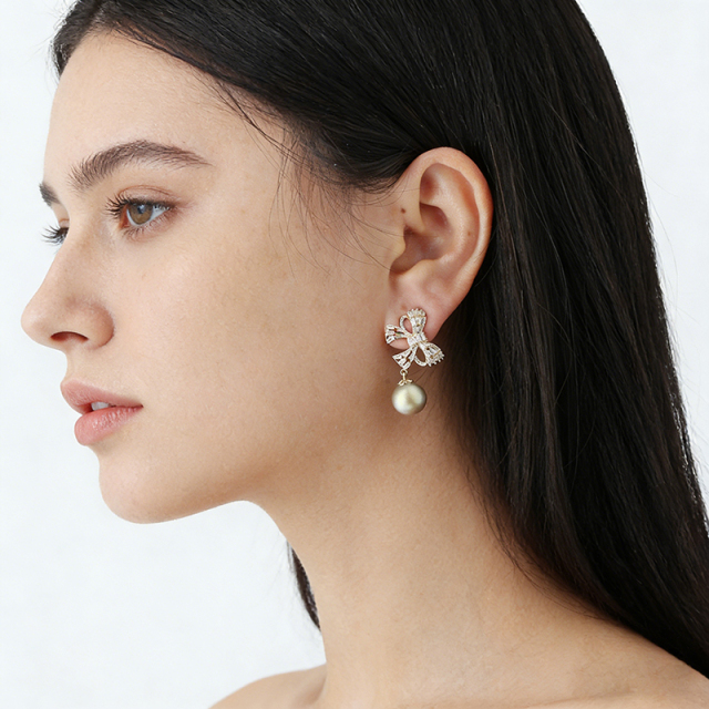 Gold-Tone Baguette CZ Bow & Black Shell Pearl Drop Earrings