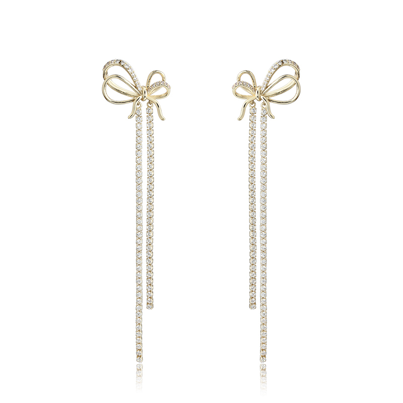 Gold-Tone CZ Bow Long Tassel Drop Earrings