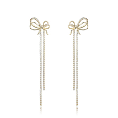 Gold-Tone CZ Bow Long Tassel Drop Earrings