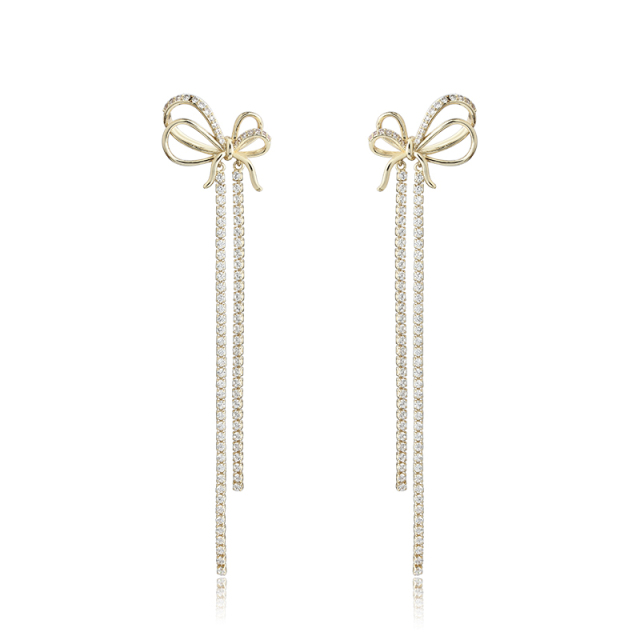 Gold-Tone CZ Bow Long Tassel Drop Earrings