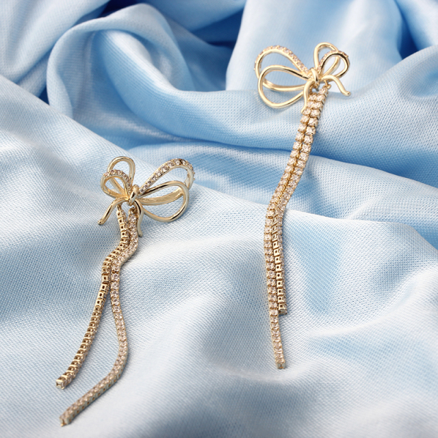 Gold-Tone CZ Bow Long Tassel Drop Earrings