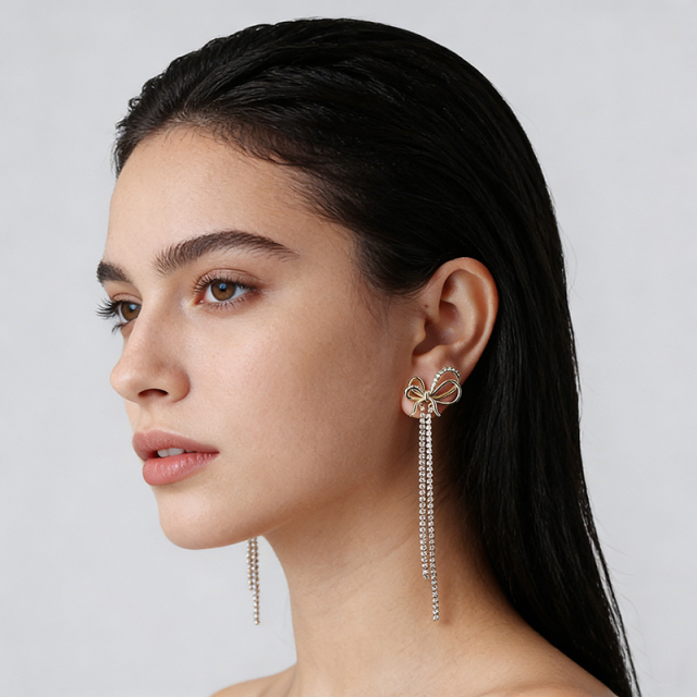 Gold-Tone CZ Bow Long Tassel Drop Earrings