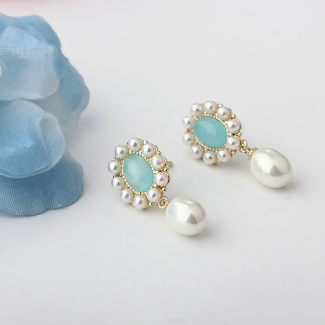 Gold-Tone Blue Gem & Shell Pearl Earrings