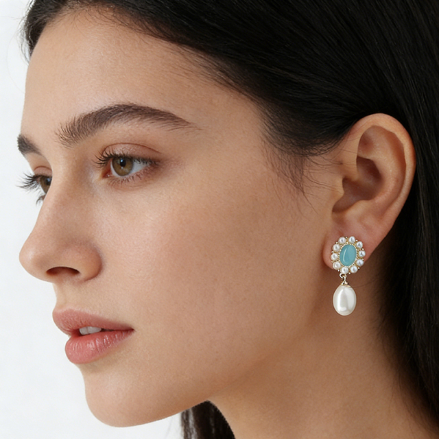Gold-Tone Blue Gem & Shell Pearl Earrings