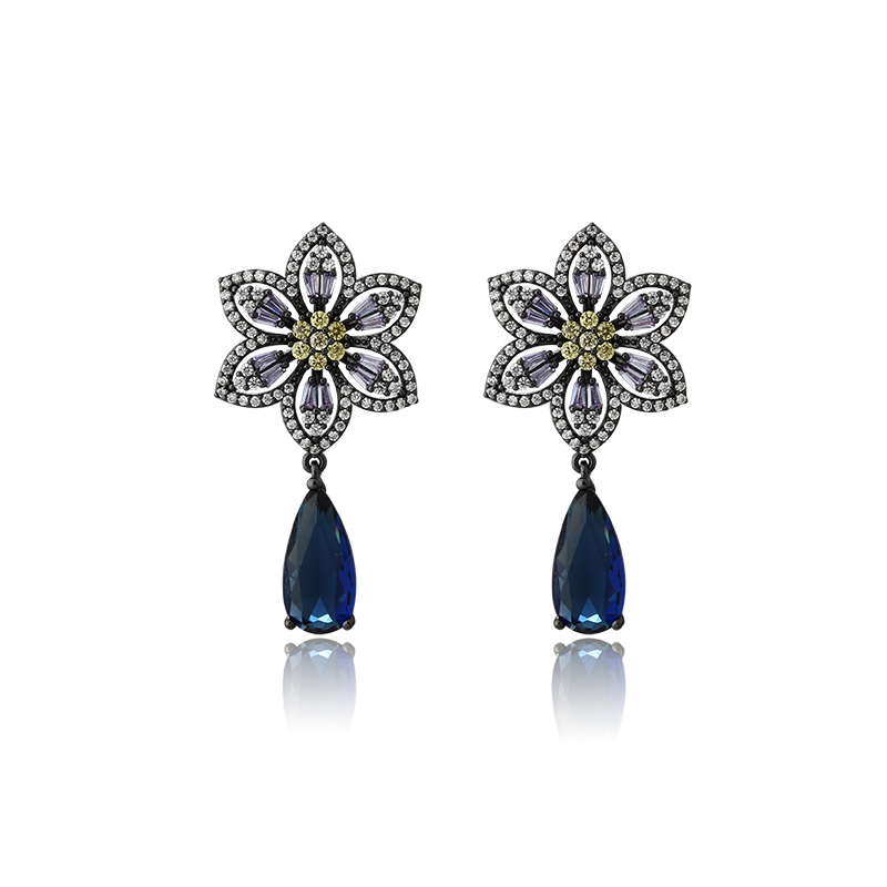 Black Rhodium Plated Floral CZ & Sapphire Teardrop Drop Earrings