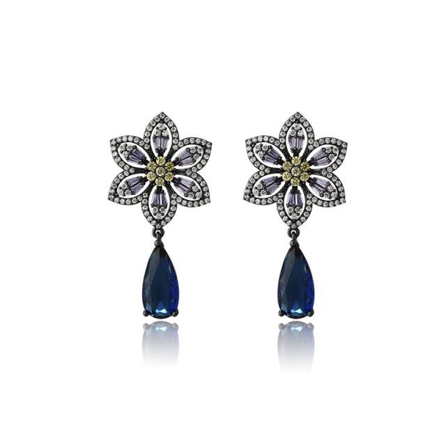 Black Rhodium Plated Floral CZ & Sapphire Teardrop Drop Earrings