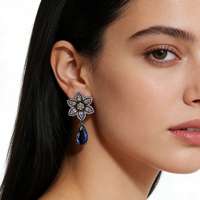 Black Rhodium Plated Floral CZ & Sapphire Teardrop Drop Earrings