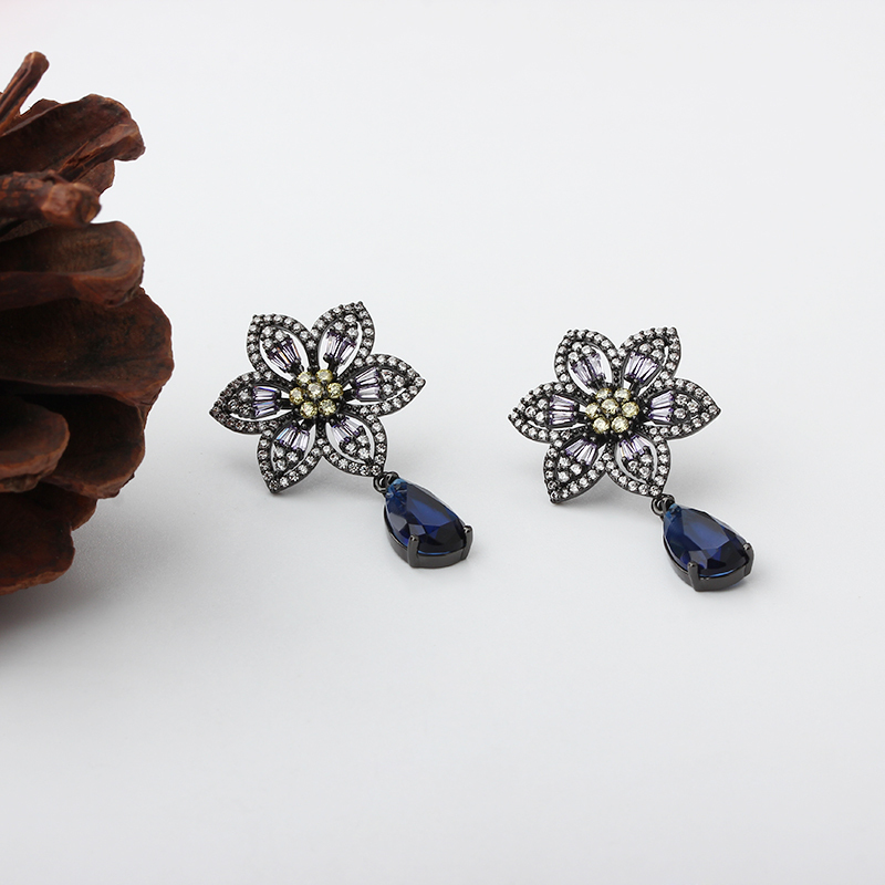 Black Rhodium Plated Floral CZ & Sapphire Teardrop Drop Earrings