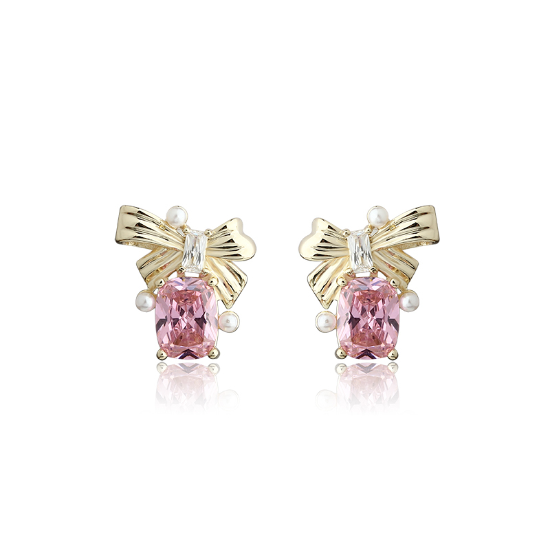 Gold-Tone Bow & Pink Emerald Cut CZ with Shell Pearl Stud Earrings