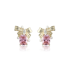 Gold-Tone Bow & Pink Emerald Cut CZ with Shell Pearl Stud Earrings