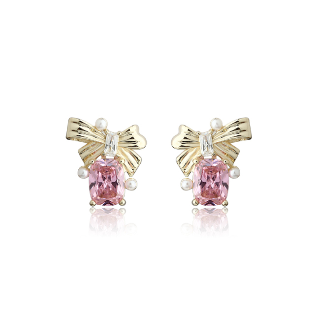 Gold-Tone Bow & Pink Emerald Cut CZ with Shell Pearl Stud Earrings
