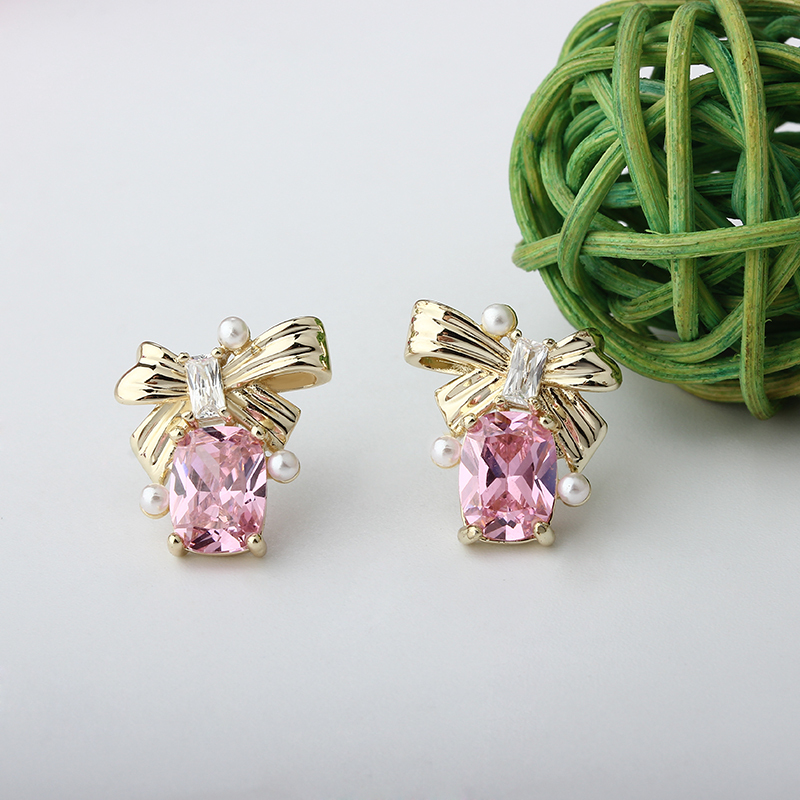 Gold-Tone Bow & Pink Emerald Cut CZ with Shell Pearl Stud Earrings