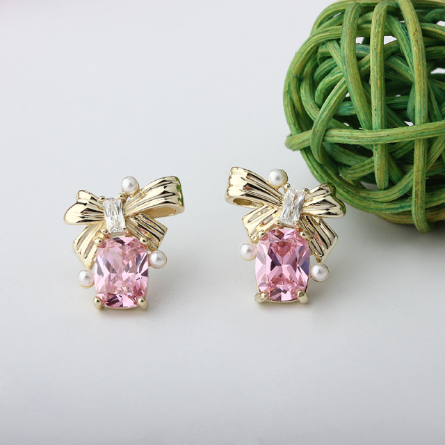 Gold-Tone Bow & Pink Emerald Cut CZ with Shell Pearl Stud Earrings