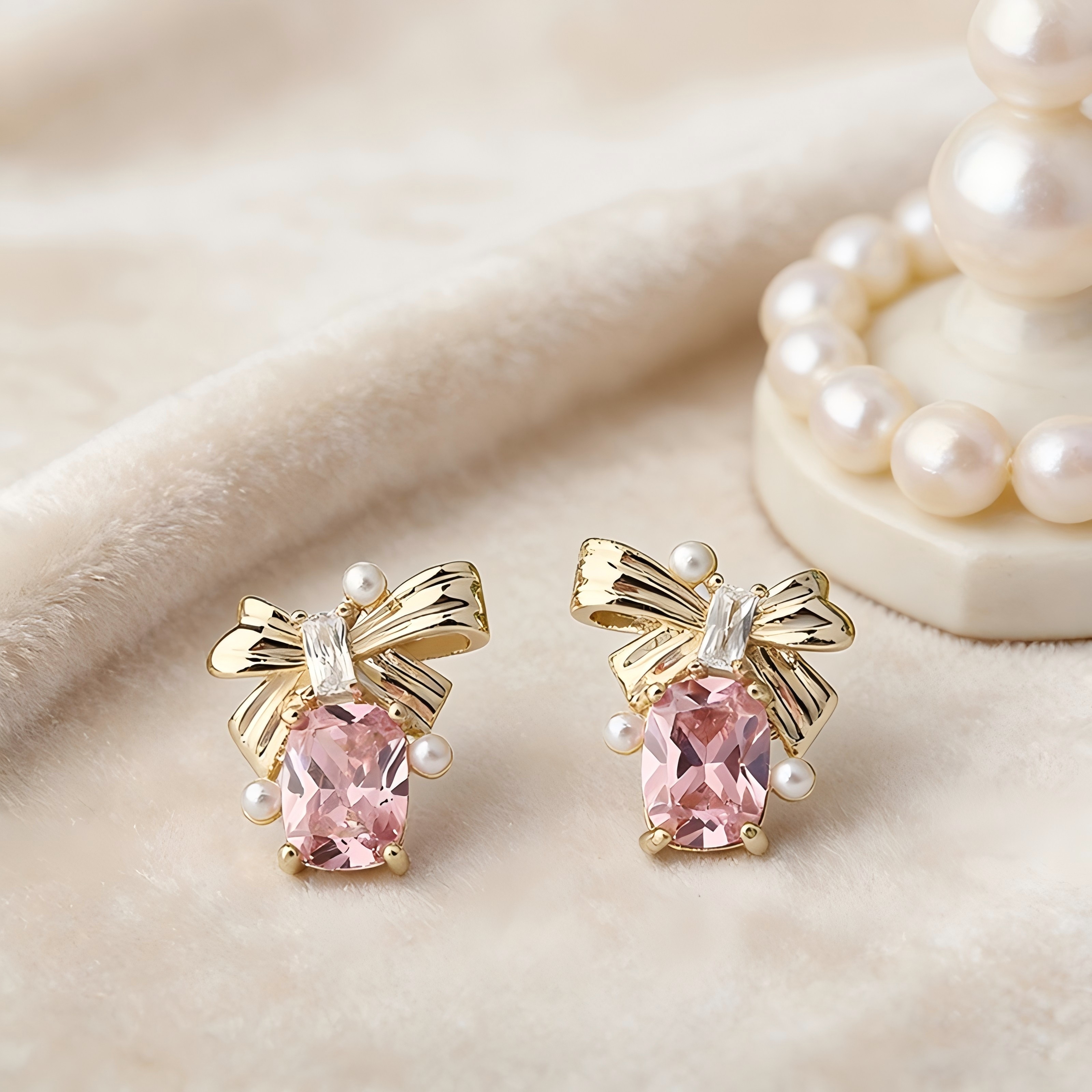 Gold-Tone Bow & Pink Emerald Cut CZ with Shell Pearl Stud Earrings