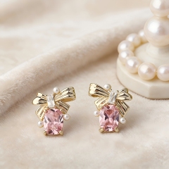 Gold-Tone Bow & Pink Emerald Cut CZ with Shell Pearl Stud Earrings