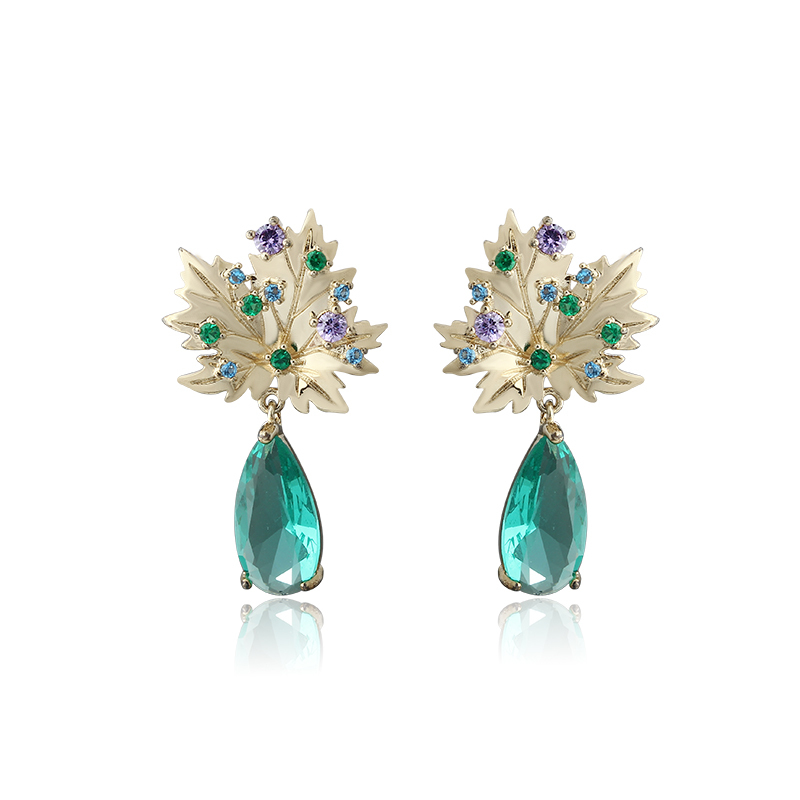 Gold-Tone Maple Leaf Multi-Color CZ & Teal Teardrop CZ Drop Earrings