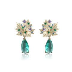 Gold-Tone Maple Leaf Multi-Color CZ & Teal Teardrop CZ Drop Earrings