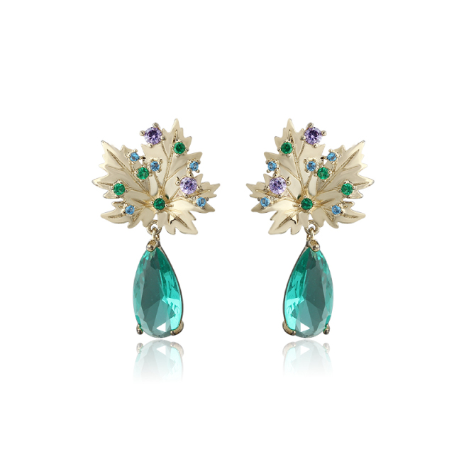 Gold-Tone Maple Leaf Multi-Color CZ & Teal Teardrop CZ Drop Earrings