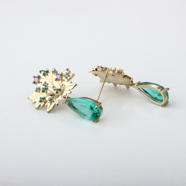 Gold-Tone Maple Leaf Multi-Color CZ & Teal Teardrop CZ Drop Earrings