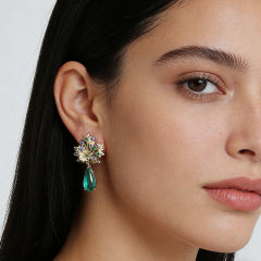 Gold-Tone Maple Leaf Multi-Color CZ & Teal Teardrop CZ Drop Earrings