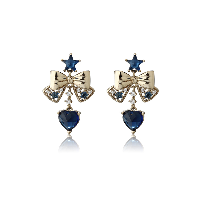 Gold-Tone Bow & Blue Star-Heart CZ Drop Earrings