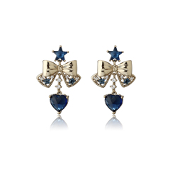 Gold-Tone Bow & Blue Star-Heart CZ Drop Earrings
