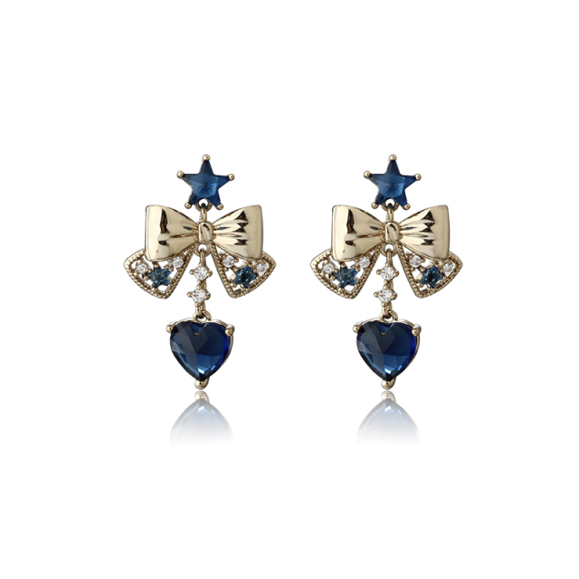 Gold-Tone Bow & Blue Star-Heart CZ Drop Earrings