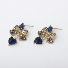 Gold-Tone Bow & Blue Star-Heart CZ Drop Earrings