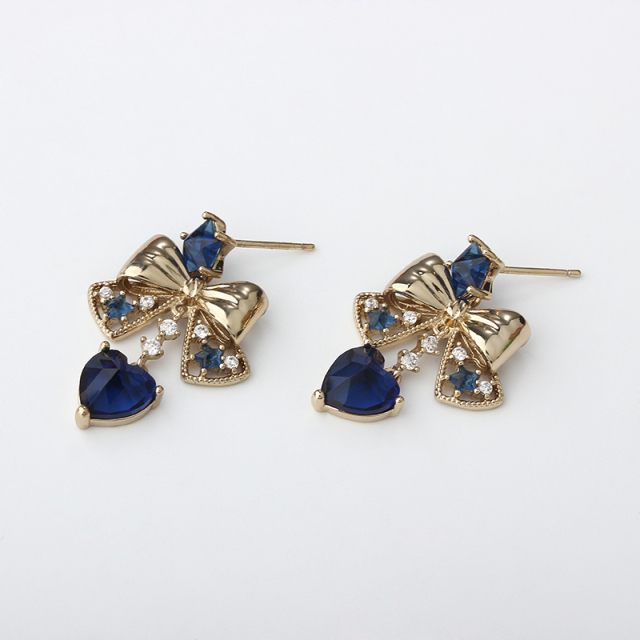 Gold-Tone Bow & Blue Star-Heart CZ Drop Earrings