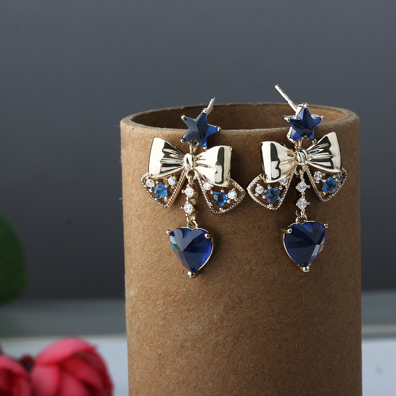 Gold-Tone Bow & Blue Star-Heart CZ Drop Earrings
