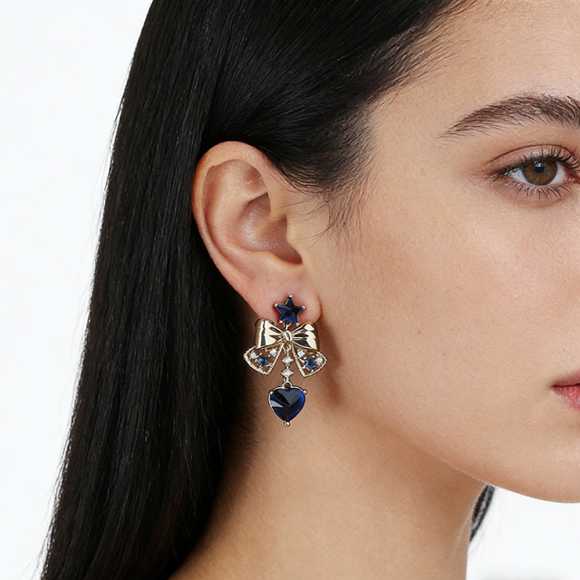 Gold-Tone Bow & Blue Star-Heart CZ Drop Earrings